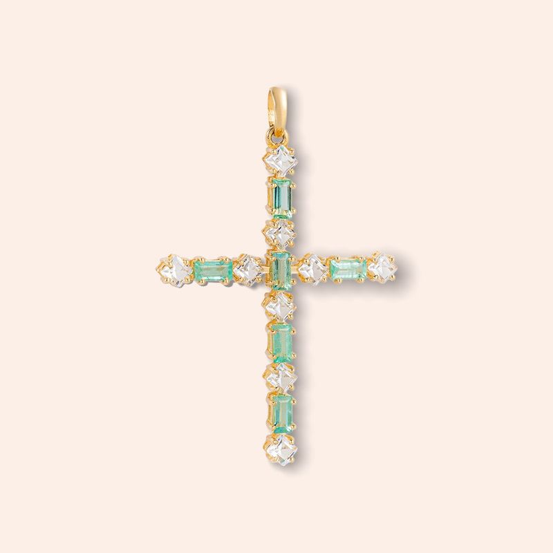 Pingente Ouro 18k Cruz Esmeralda Topázio 513574