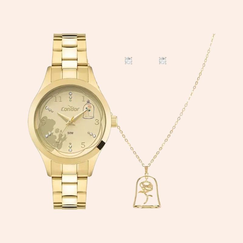 Relógio Condor Disney Kit Bela e a Fera Dourado CO2035NNA/K4X