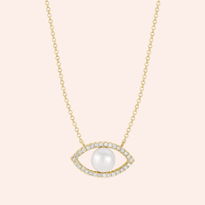 Gargantilha Ouro 18k Olho Grego Pérola 40cm Diamante 16 Pontos 601677