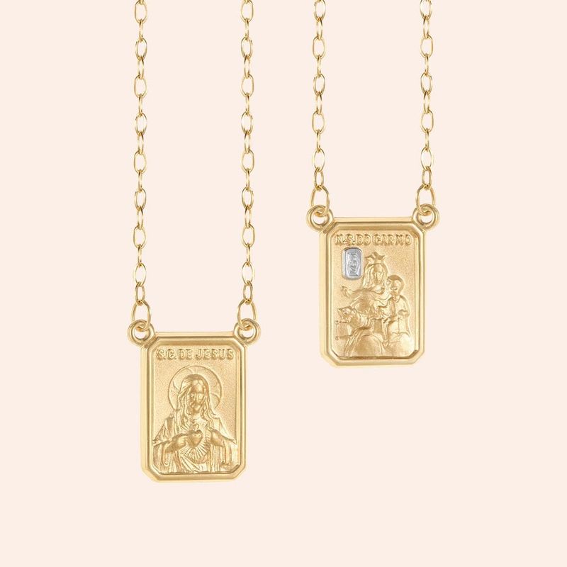 Escapulário Ouro 18K Nossa Sra do Carmo e Sagrado Coração de Jesus 603538