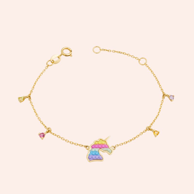 Pulseira Ouro 18k Infantil Pop It Unicórnio Pedras Brasileiras 1900562