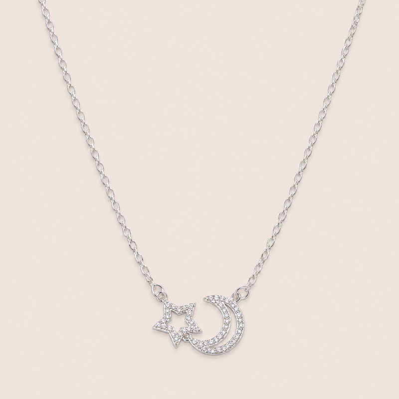 Gargantilha Prata 925 Cartier Lua e Estrela Zirconia 606049
