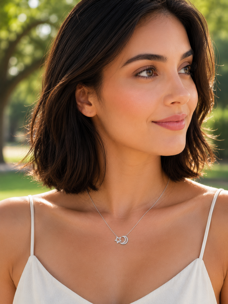 Gargantilha Prata 925 Cartier Lua e Estrela Zirconia 606049