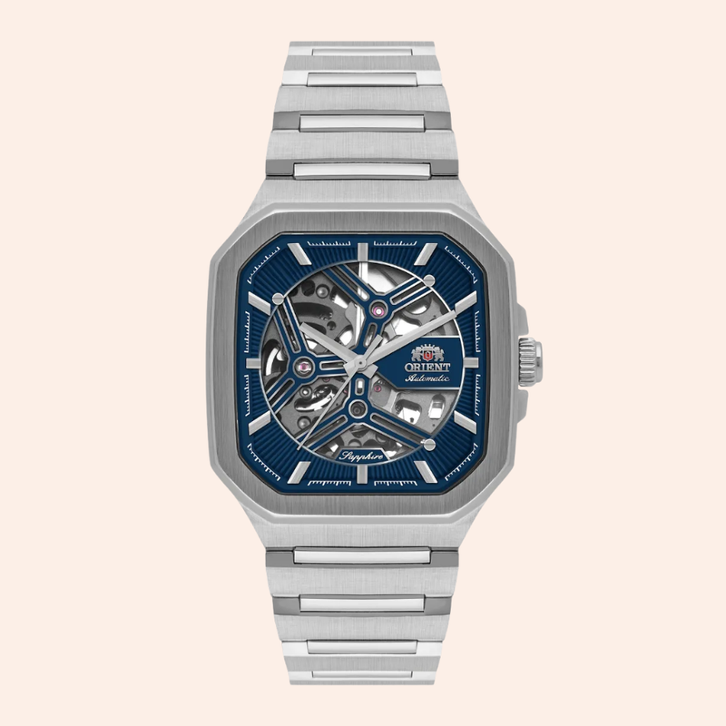Relógio Orient Skeleton Automático Prata e Azul NH7SS008/D1SX