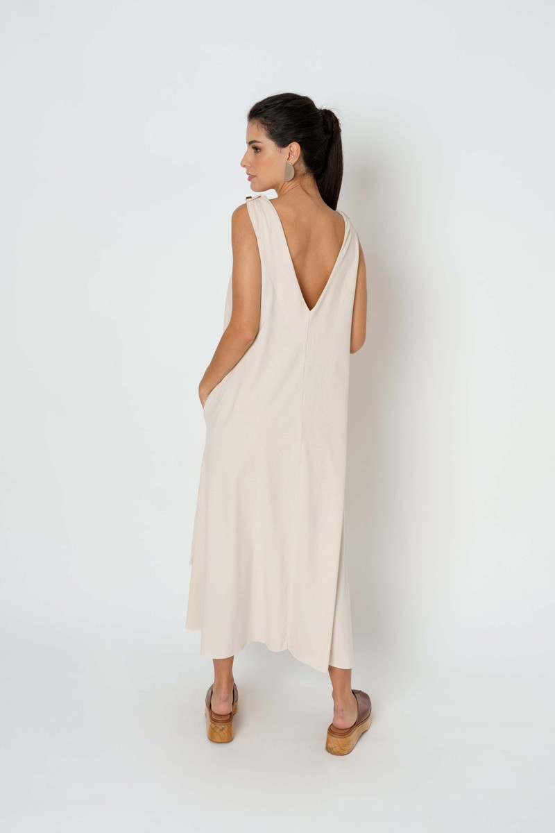 VESTIDO DECOTE V BOTOES - OFF WHITE