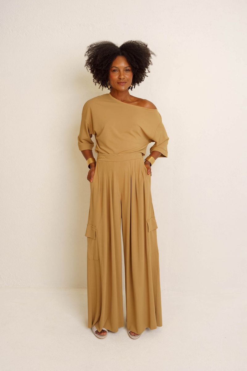 CALÇA RETA CARGO PREGAS - KHAKI
