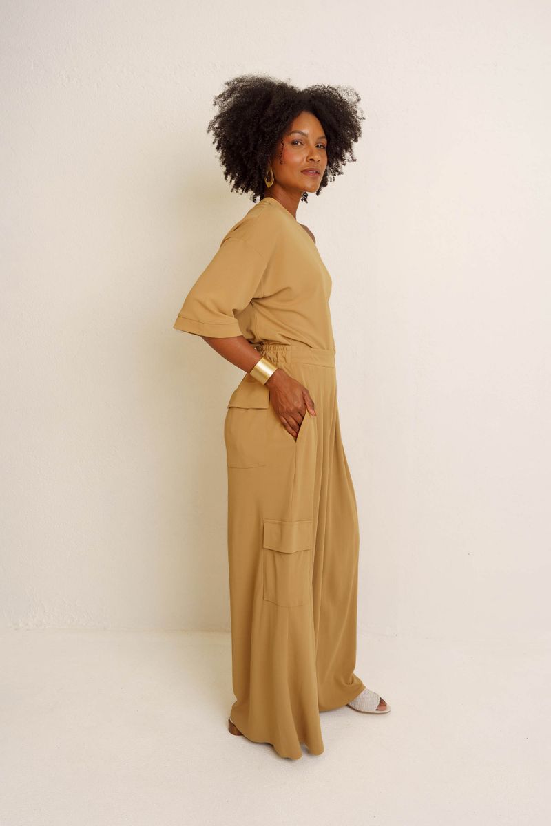 CALÇA RETA CARGO PREGAS - KHAKI