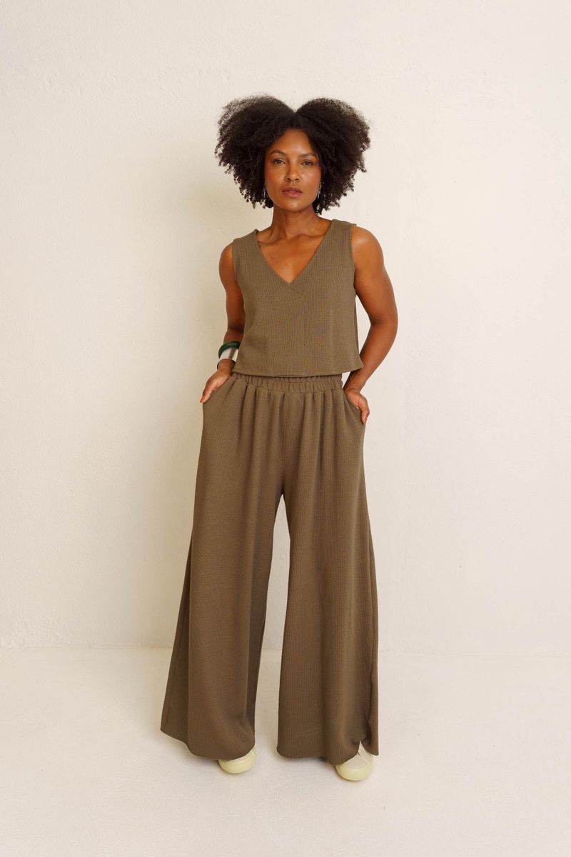 CALÇA PANTALONA COS FRANZIDO TEXTURA - VERDE