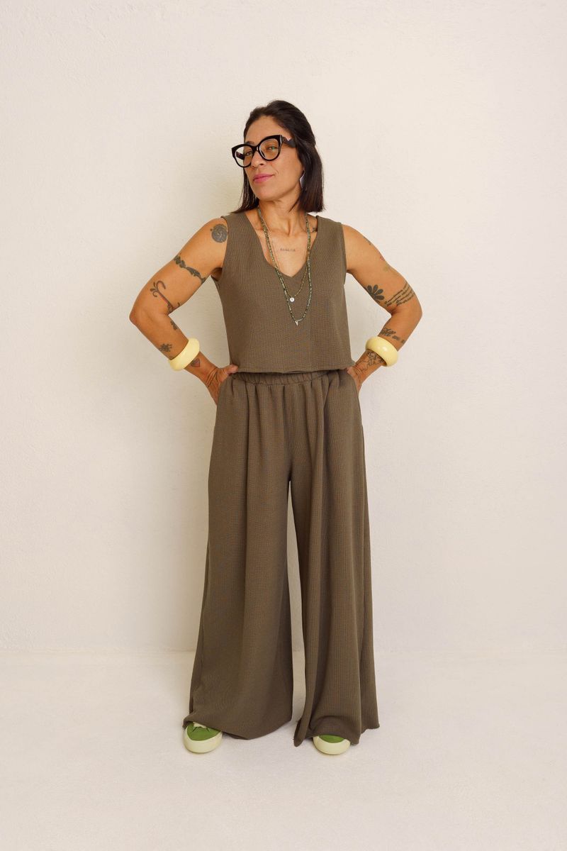 CALÇA PANTALONA COS FRANZIDO TEXTURA - VERDE