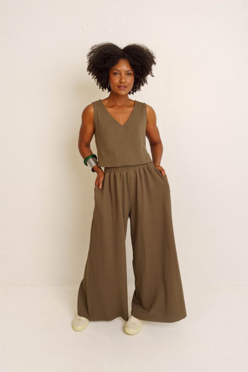 CALÇA PANTALONA COS FRANZIDO TEXTURA - VERDE