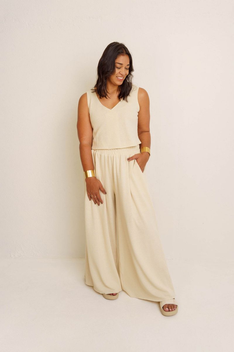 CALÇA PANTALONA COS FRANZIDO TEXTURA - CREME