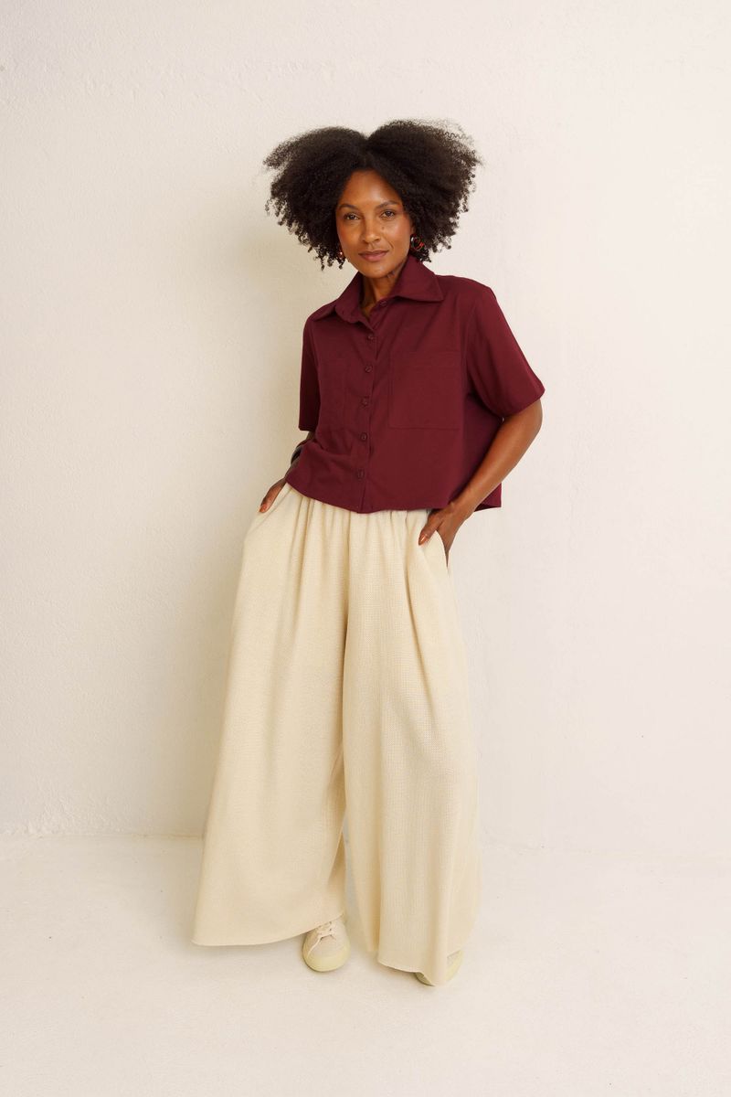 CALÇA PANTALONA COS FRANZIDO TEXTURA - CREME