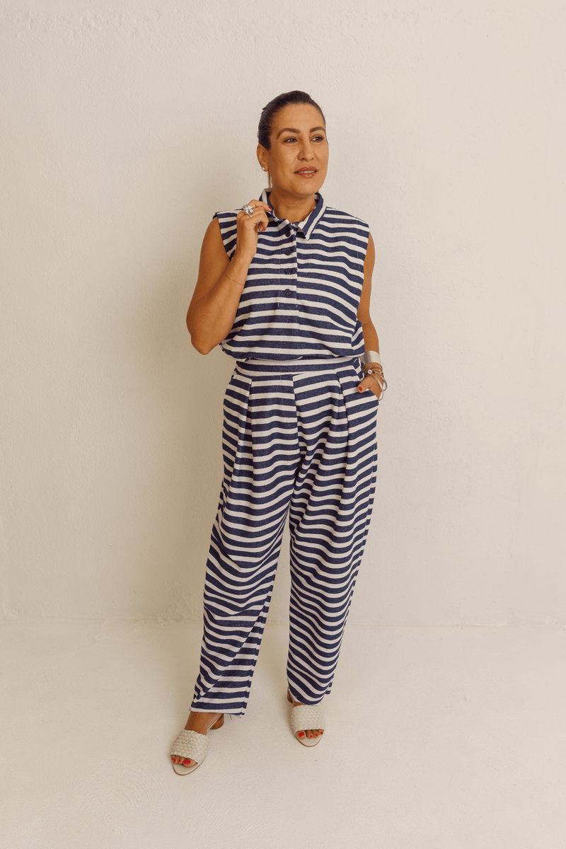 BLUSA POLO SEM MANGAS LISTRAS - AZUL
