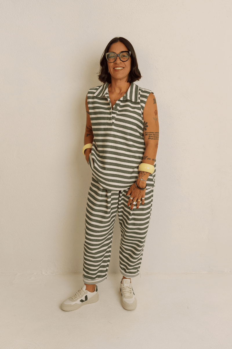 BLUSA POLO SEM MANGAS LISTRAS - VERDE