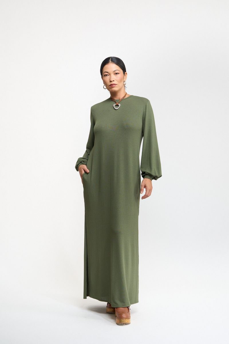 VESTIDO LONGO MANGA LONGA TRICO - VERDE