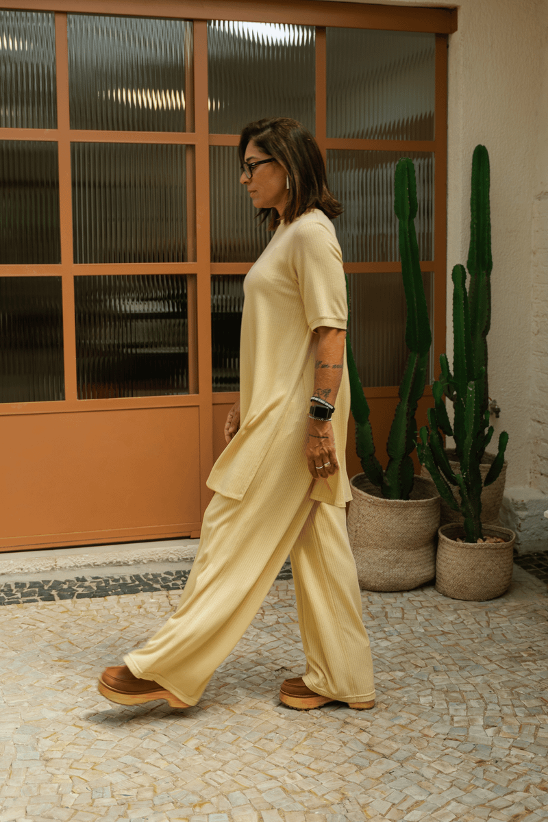 CALÇA WIDE LEG TRICO - AMARELO