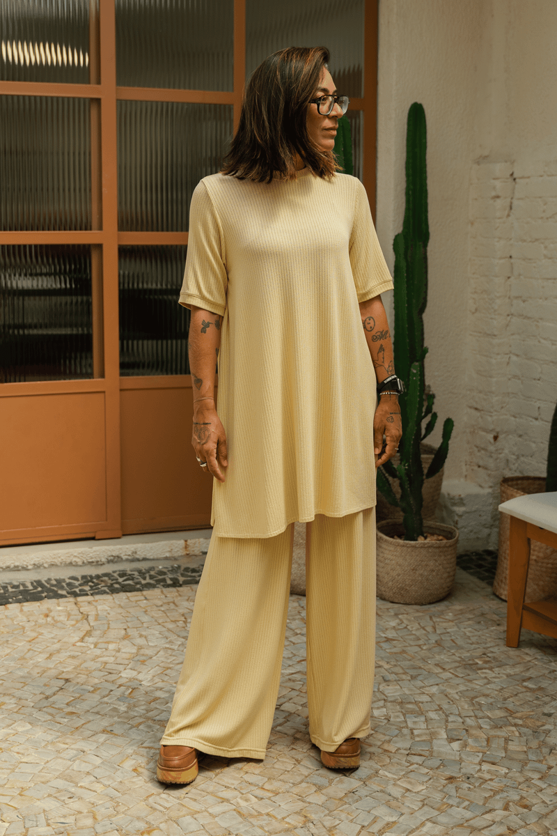 CALÇA WIDE LEG TRICO - AMARELO