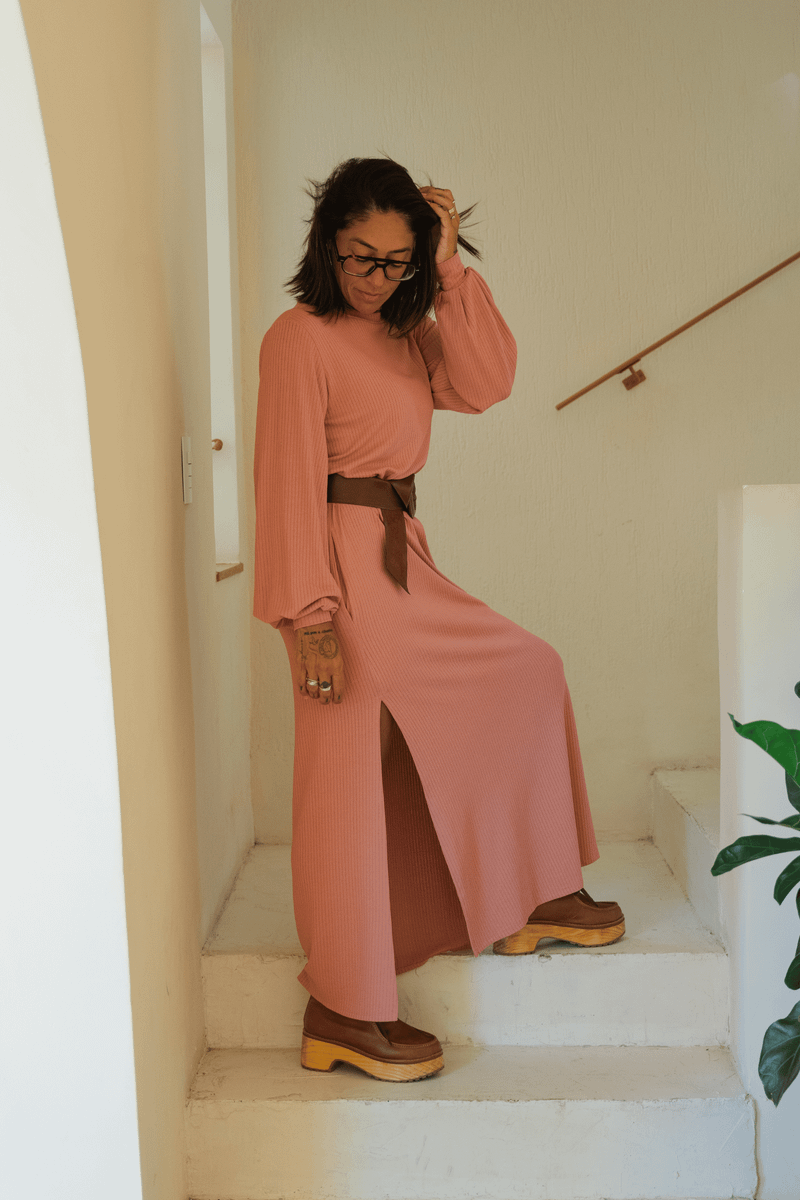 VESTIDO LONGO MANGA LONGA TRICO - ROSA