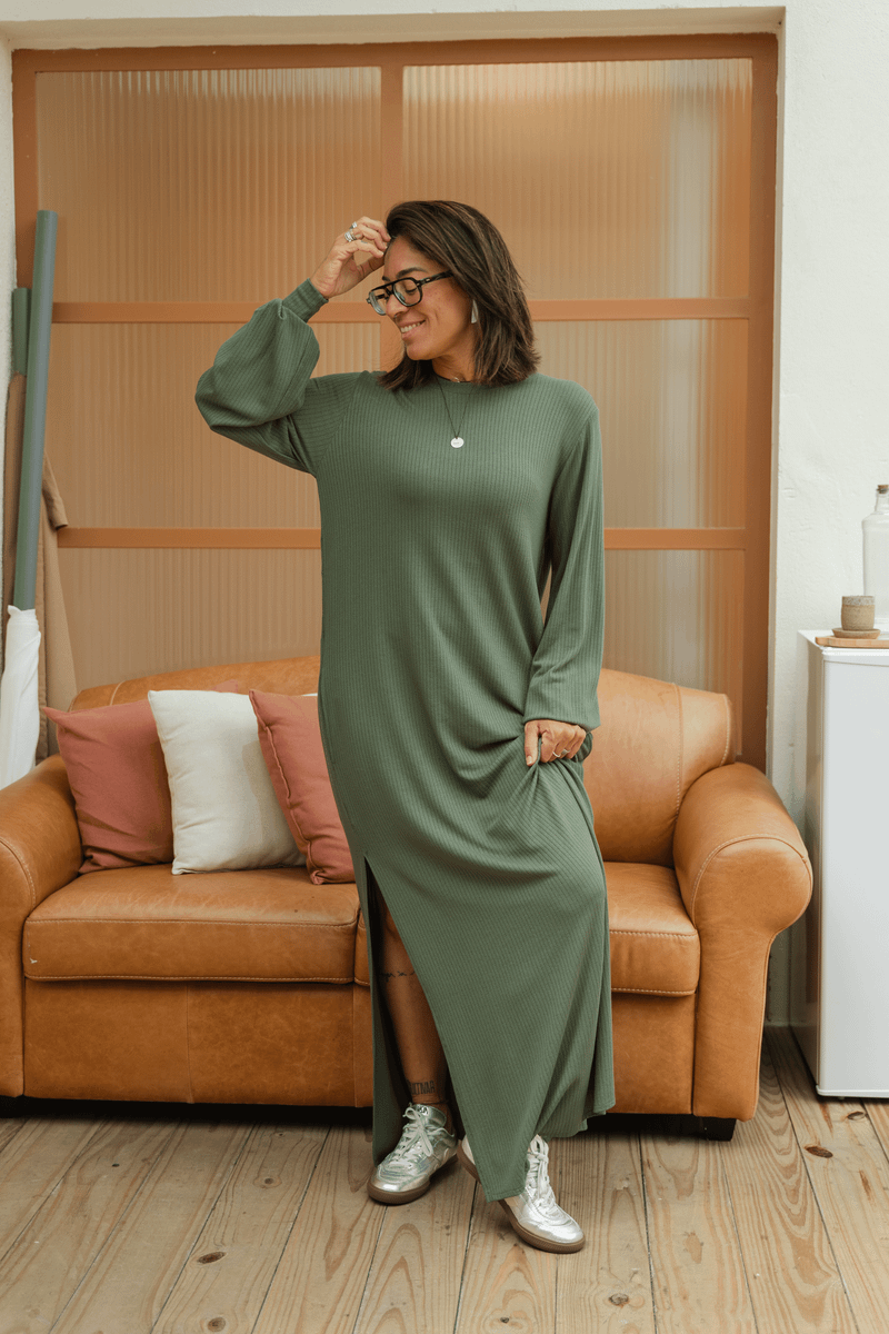 VESTIDO LONGO MANGA LONGA TRICO - VERDE
