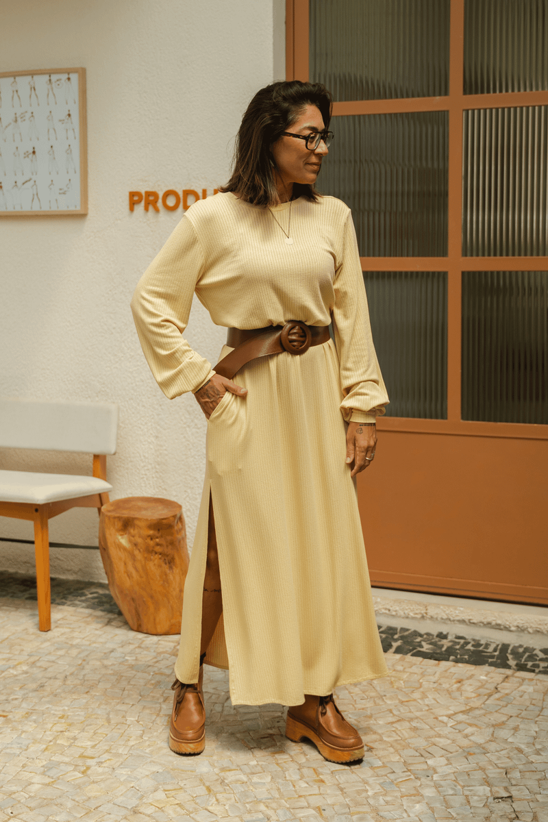 VESTIDO LONGO MANGA LONGA TRICO - AMARELO