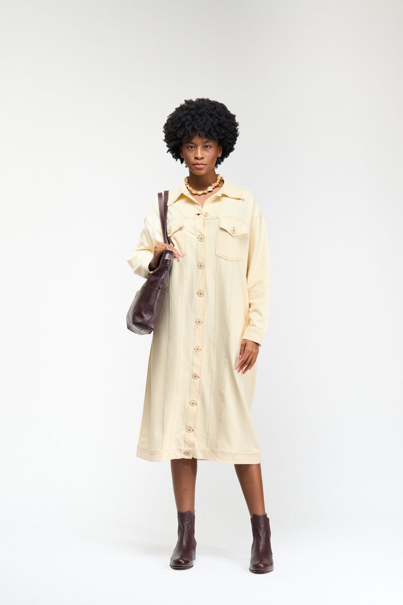 VESTIDO JAQUETA MALHA SARJADA - CREME