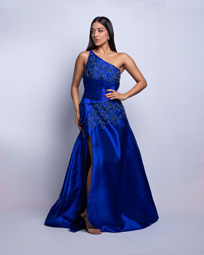 Vestido de Festa Azul Royal Fenda Moulage