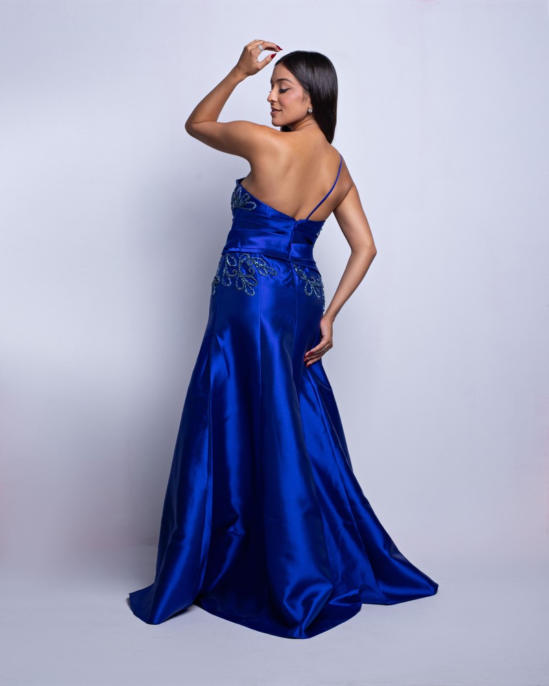 Vestido de Festa Azul Royal Fenda Moulage