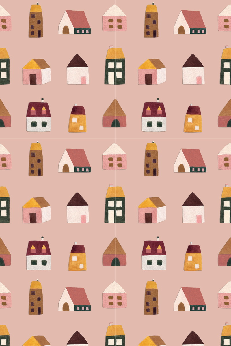 Papel de parede rosa casas edamami (versão mini) - 100% celulose
