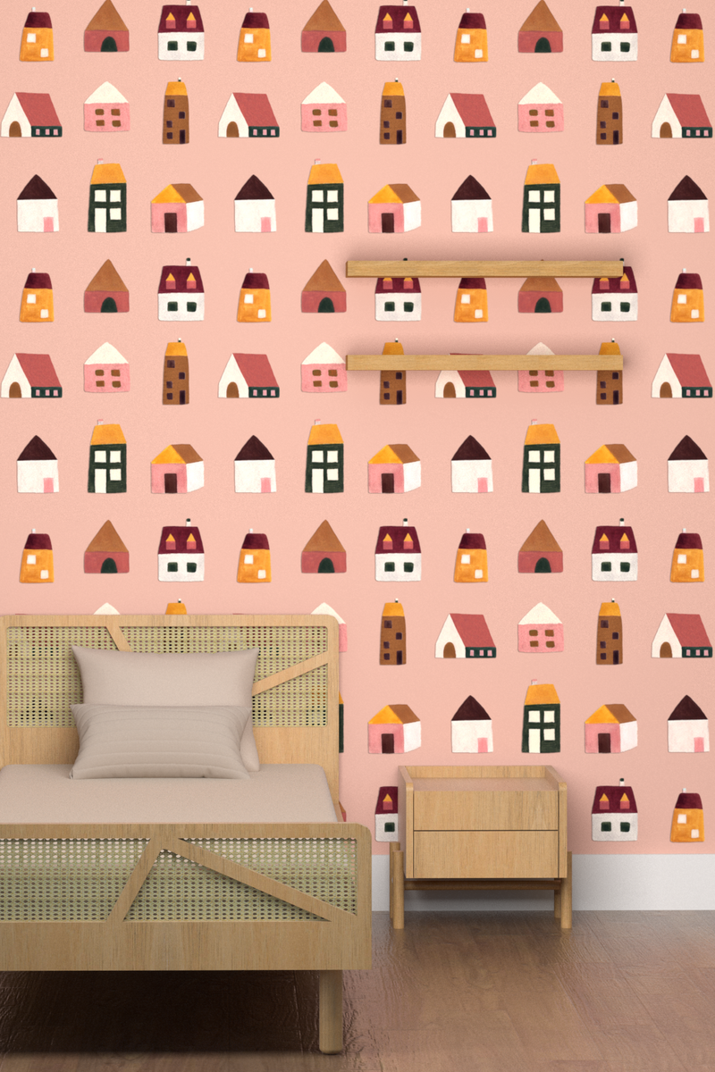 Papel de parede rosa casas edamami - 100% celulose