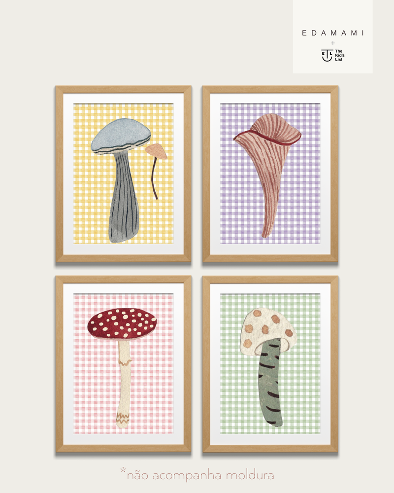 Kit com 4 posters cogumelos vichy edamami