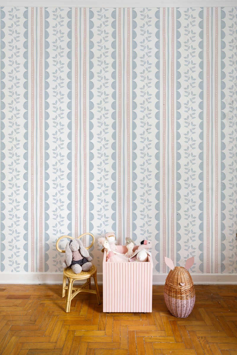 Papel de parede listras, ondinhas e folhas azul e rosa T.Design - 100% celulose