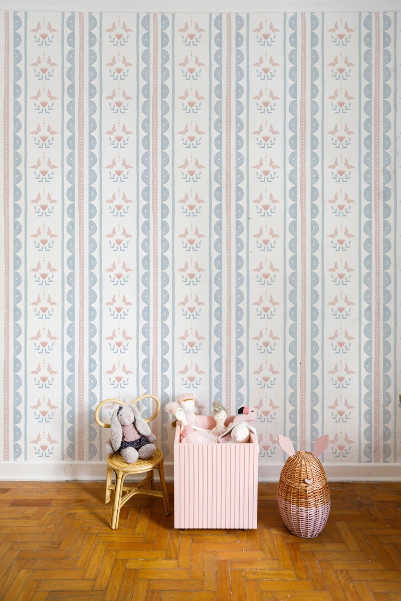 Papel de parede listras, borboletas e ondas (rosa e azul) T.Design - 100% celulose