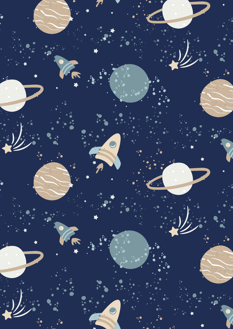 Papel de parede planetas e foguetes azul marinho