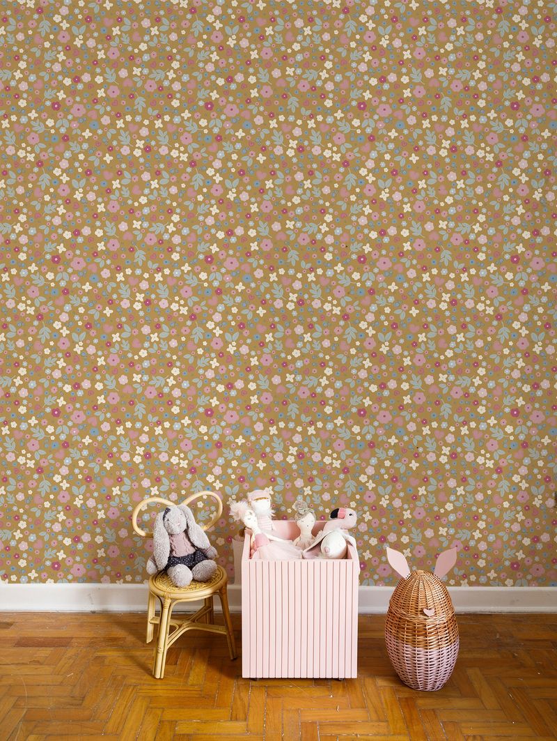 Papel de parede sheepy amo flores azul e mostarda t.design (100% celulose)