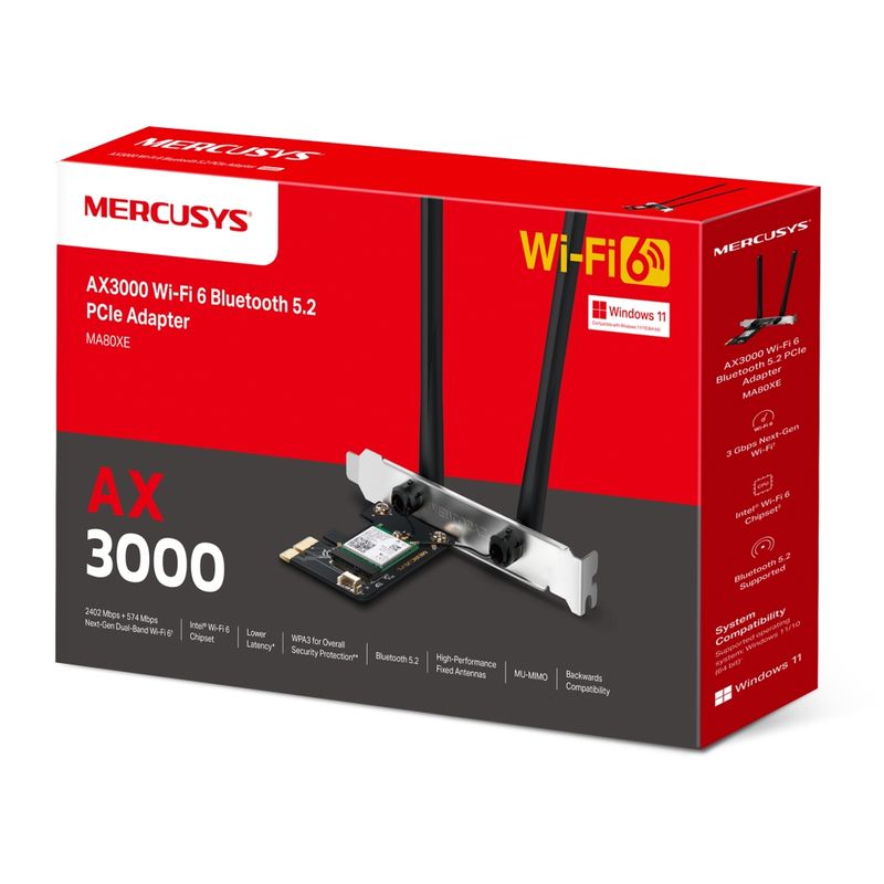 Placa de Rede Wireless Mercusys MA80XE AX3000, Wi-Fi 6, Bluetooth 5.2 PCIe