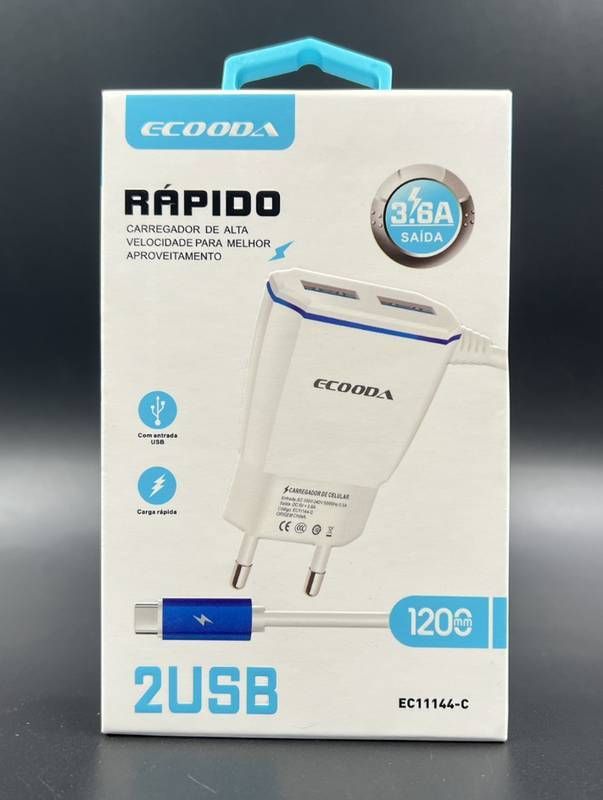 Carregador Ecooda Tipo C com 2 USB 3.6A - EC11144-C
