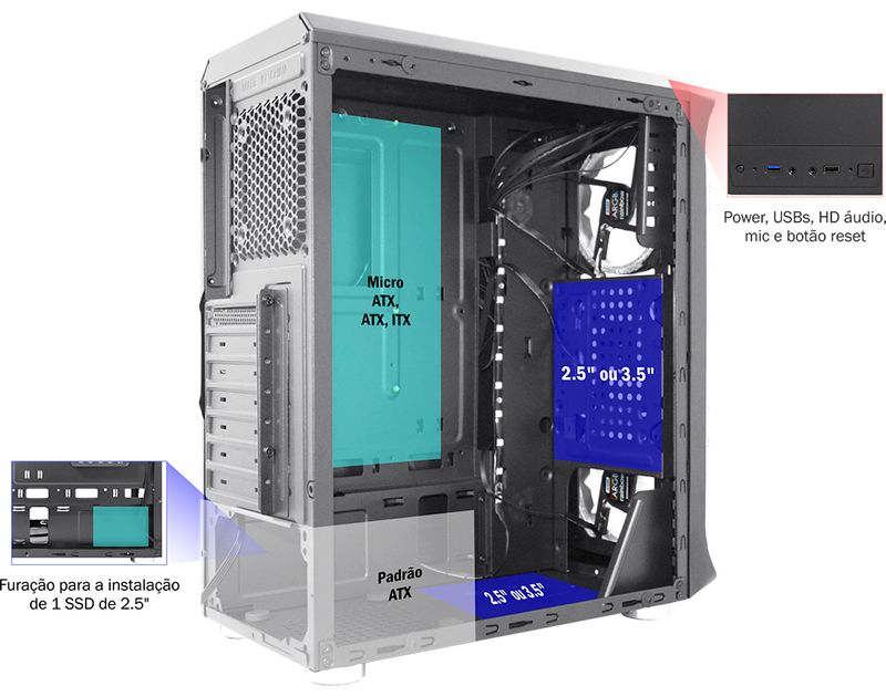 Gabinete K-Mex Skytrooper CG-01FF, 3 Fans ARGB Rainbow + Fita Led  C/ Controle, Frontal Acrílico