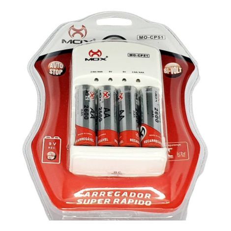 Carregador De Pilhas Mox com 4 Pilhas AA 2600mah, MO-CP51