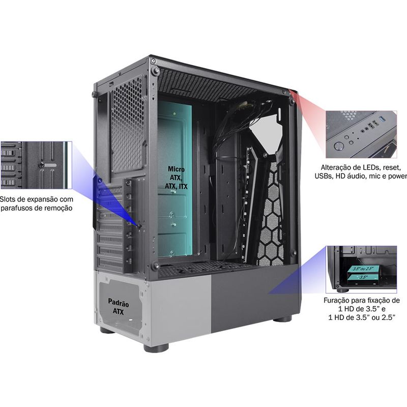 Gabinete Gamer K-MEX Warlock Fita de LED CG-A1D4