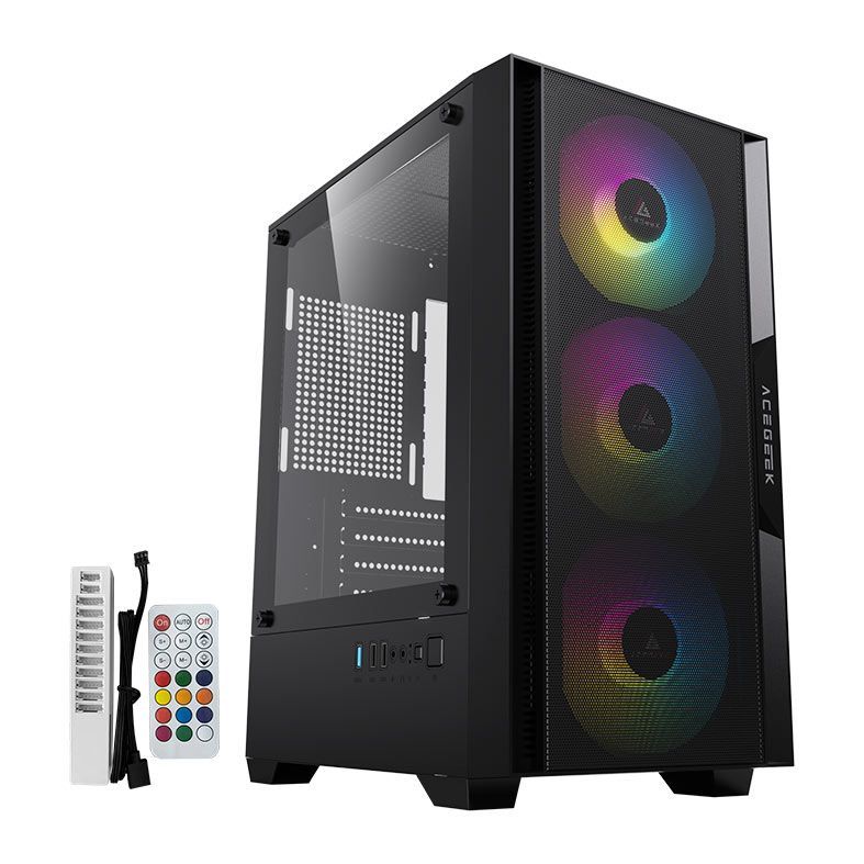 Gabinete Gamer Acegeek Stratus Mesh, ARGB, Lateral de Vidro, Preto, 3 Fans,  AG-STRATUS-MESH-BK-I3F-ARGB