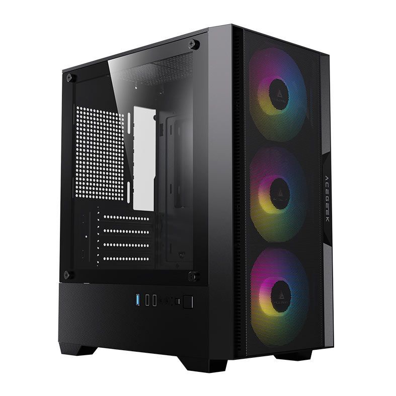 Gabinete Gamer Acegeek Stratus Mesh, ARGB, Lateral de Vidro, Preto, 3 Fans,  AG-STRATUS-MESH-BK-I3F-ARGB