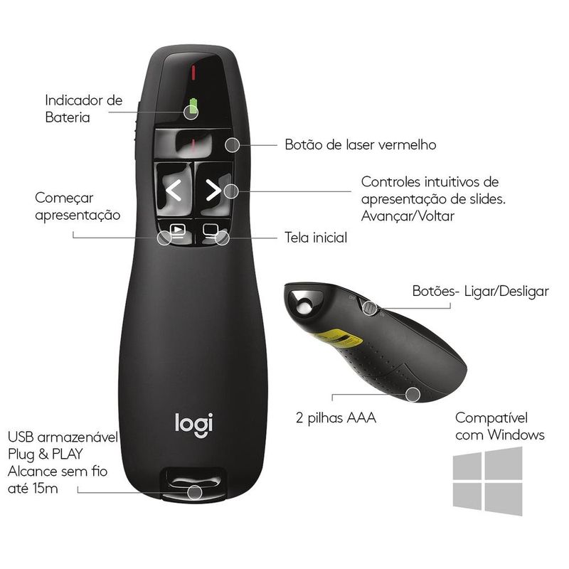 Apresentador Logitech R400 Wireless Laserpoint Preto