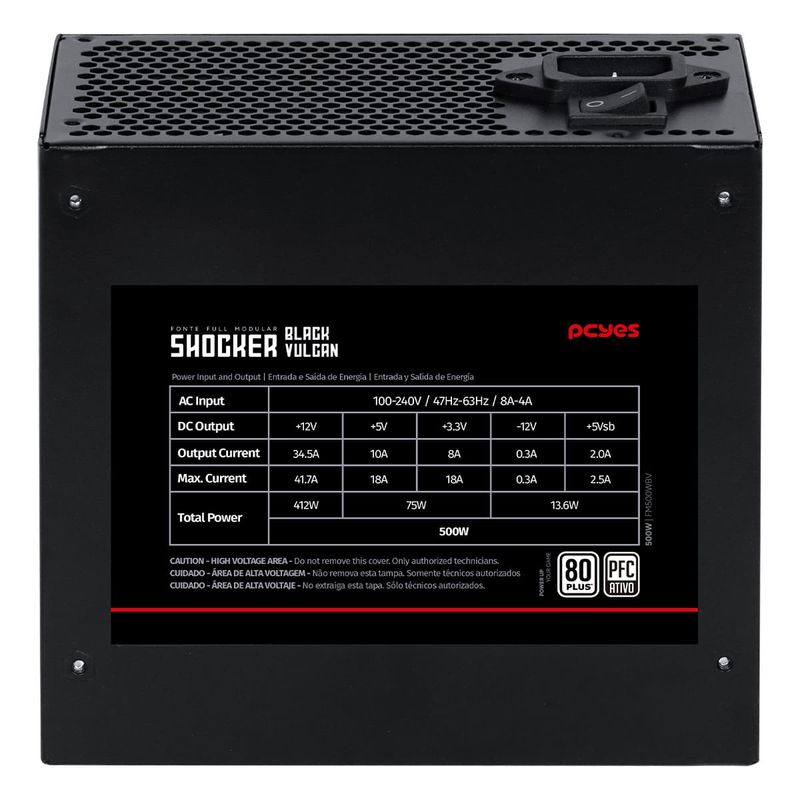 Fonte PCYES Shocker 500W Black Vulcan Full Modular 80 Plus - FM500WBV