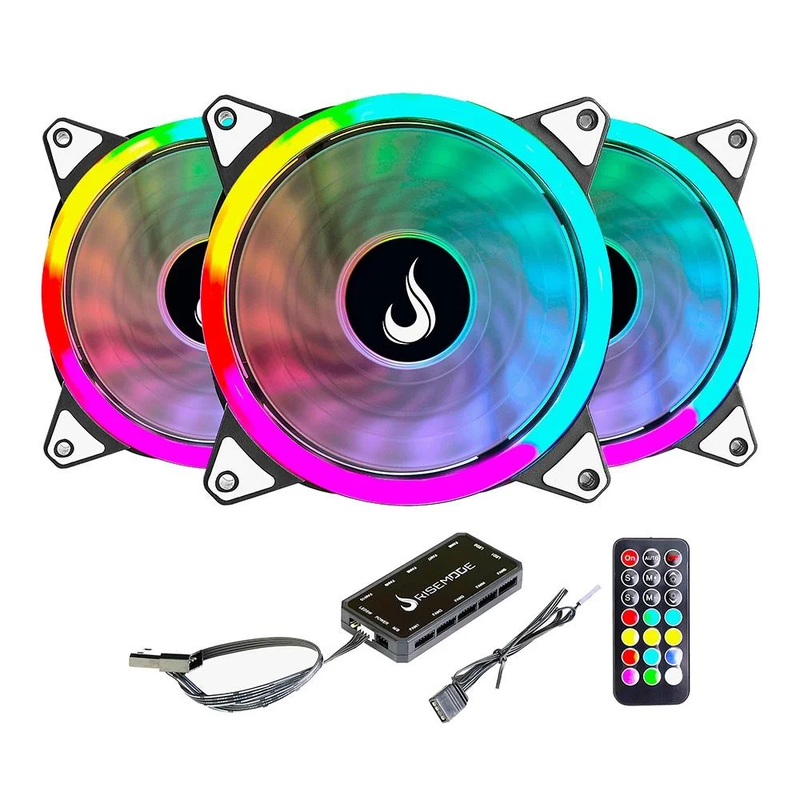 Kit com 3 Fans Rise Mode Energy, 120mm, ARGB, Preto - FN-02-RGB-5V