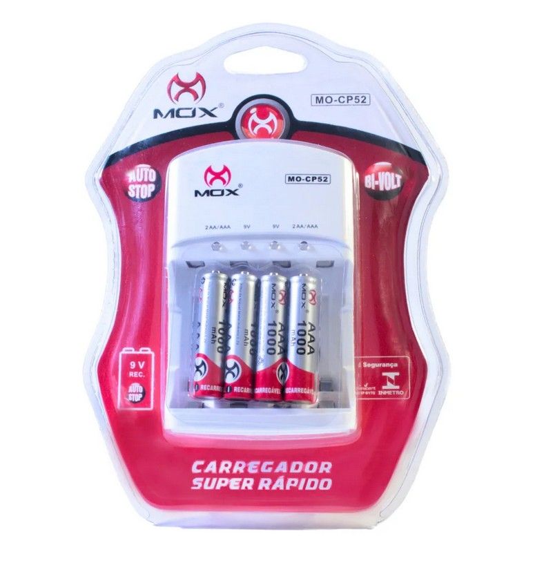 Carregador de Pilhas Mox com 4 Pilhas AAA, MO-CP52