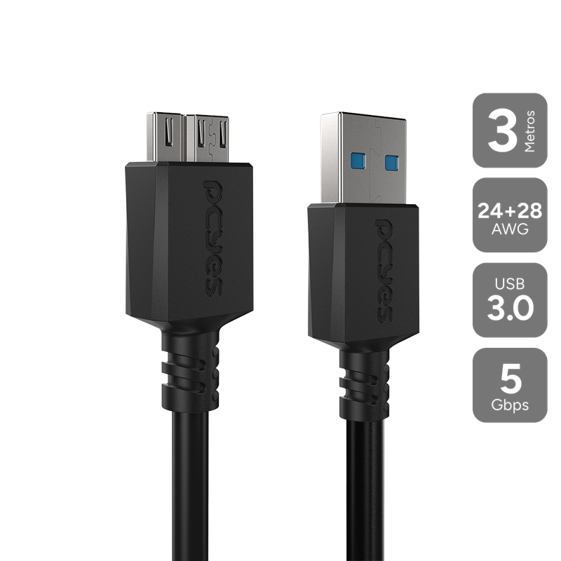 Cabo para HD Externo USB A 3.0 Macho P/ Micro USB B 3.0 - 3 Metros - PUAMCM3-3