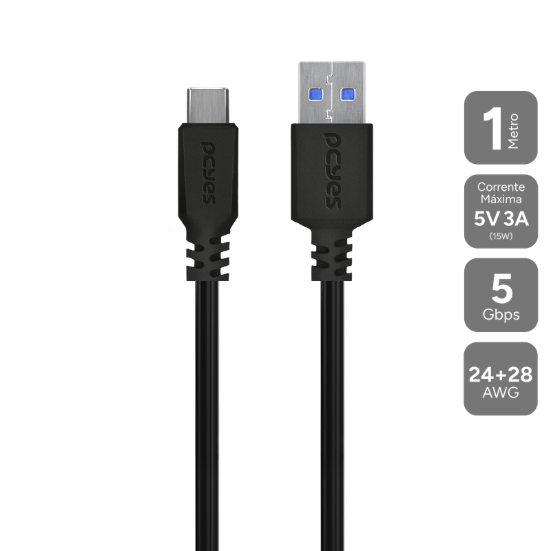 Cabo USB Tipo C Macho Para USB 3.0 Macho PCYES, 1m