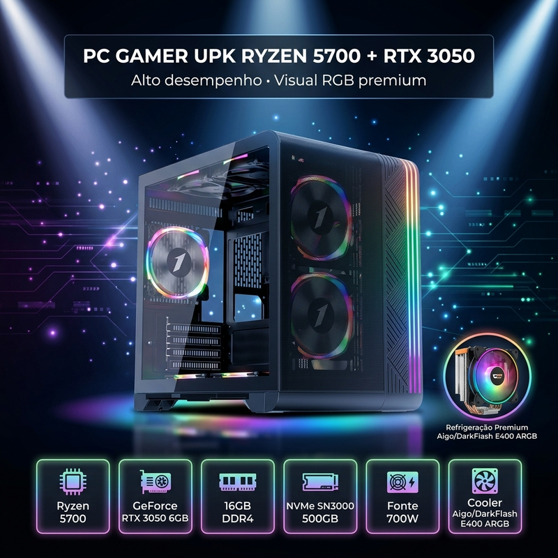 Computador UPK Gamer AMD RYZEN 5700, 16GB DDR4, NVMe 500GB, RTX 3050 6GB, Fonte 700W