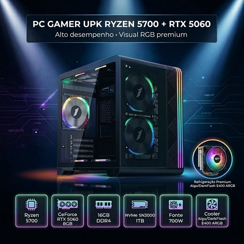 Computador UPK Gamer AMD RYZEN 5700, 16GB DDR4, NVMe 1TB, RTX 5060 8GB, Fonte 700W