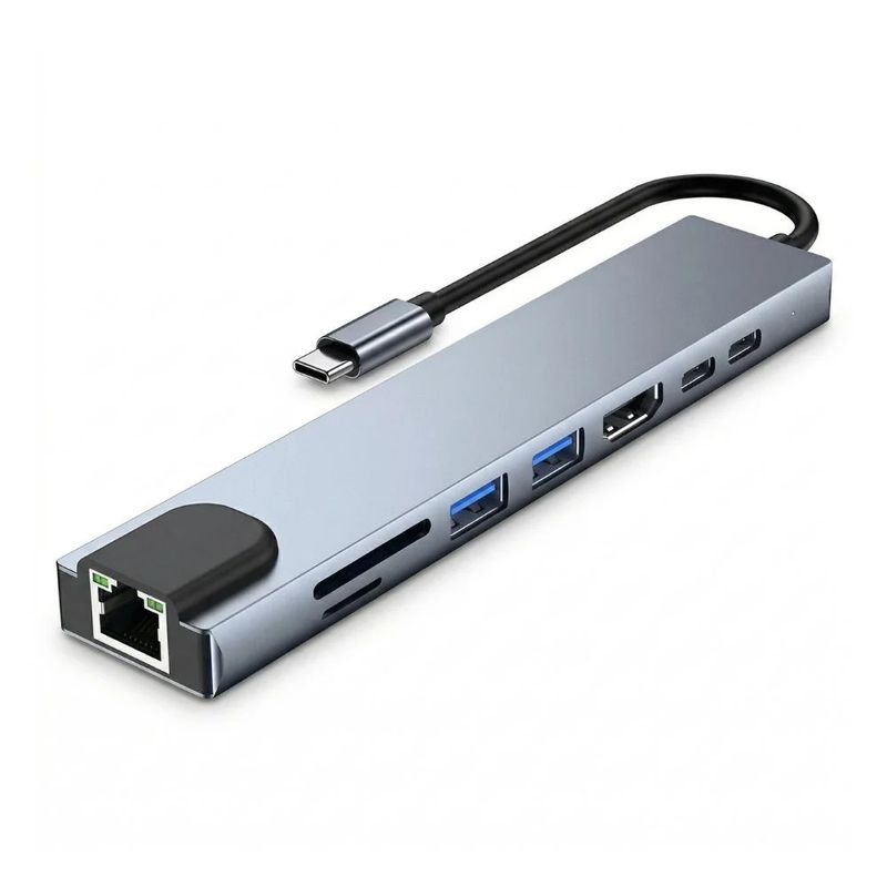 HUB USB Tipo C, 8 em 1, HDMI, RJ45, USB 30, SD, Micro SD, TF, USB-C PD 87W
